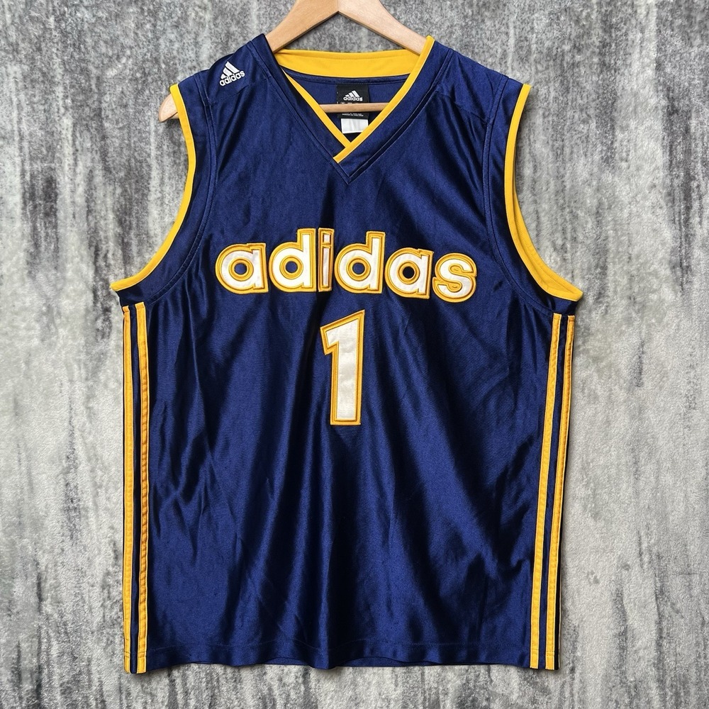 Vintage Adidas Basketball Jersey #1 Blue Yellow Stitched Mens Large